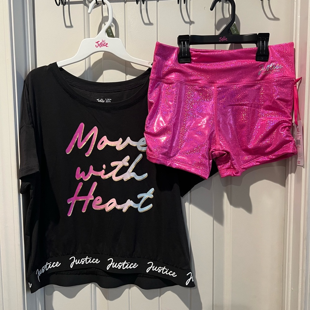 NWT Justice Black Top and Shiny Pink Shorts Set girl sz xl 16/18 ballet, dance